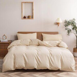 100% Washed Cotton Ivory Duvet Cover Queen Set, 3pcs Linen Like Textured Comfort